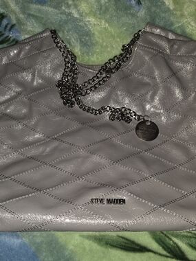 Steve Madden Quilted Light Gray Shoulder Tote with Chain Strap
